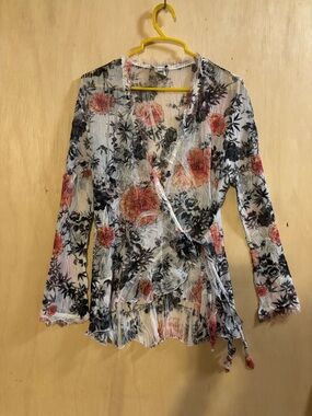 Cache Romantic Sheer Floral Wrap Blouse in White, Black and Pink